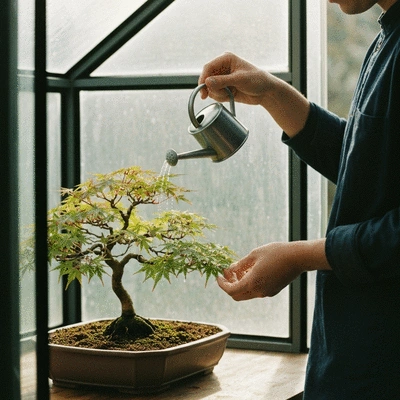 Person gently watering a small Japanese Maple Bonsai in a cold frame, soft natural light, no text, no words, no typography, clean image