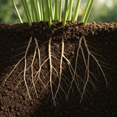 Close-up of healthy plant roots protected by a layer of organic mulch