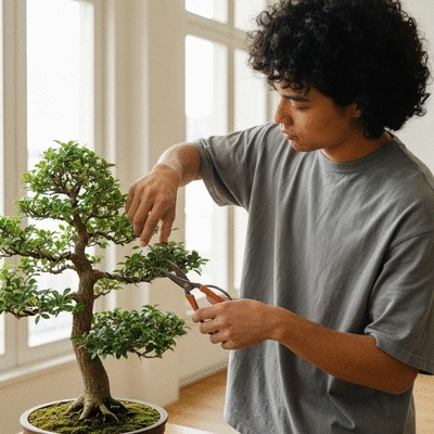Person gently pruning a Ficus bonsai tree with miniature shears, focusing on detail, in a brightly lit indoor setting, no text, no words, no typography, 8K