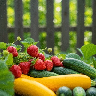 Close-up of fresh, ripe vegetables being harvested from a healthy garden bed