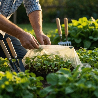 Gardener protecting young plants from frost with a cover