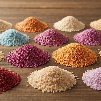 A variety of colorful onion seeds displayed in small, distinct piles on a rustic wooden surface