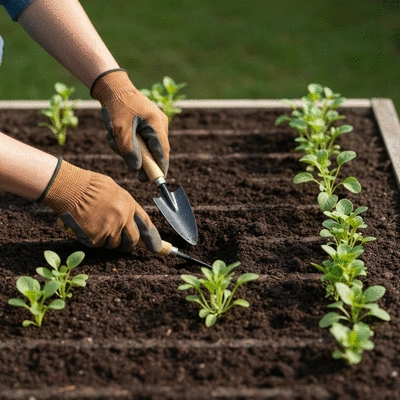 Gardener's hands using small garden tools to plant seedlings in a compact garden bed