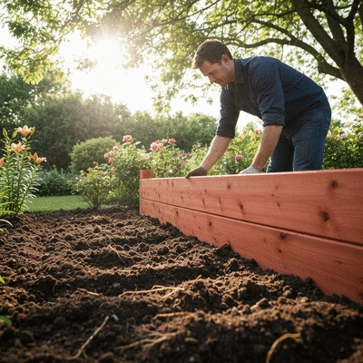 Person installing a cedar raised garden bed in a sunny garden