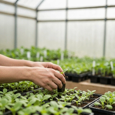 Gardener tending to various propagated plants in a home garden, bright and natural setting