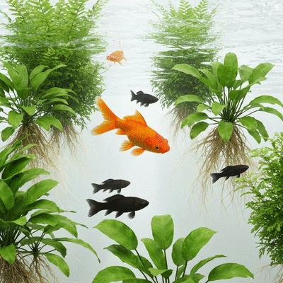 Close up of healthy fish and plants coexisting in an aquaponics system