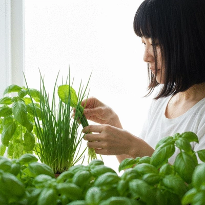 Person harvesting fresh herbs from a small indoor herb garden