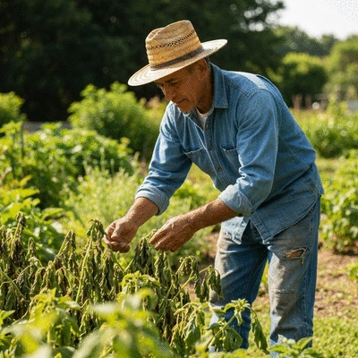 Gardener tending to heat-stressed plants in a southern garden, wilting leaves, bright sun