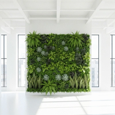 Modern indoor live green wall with various plants in a bright, minimalist office setting