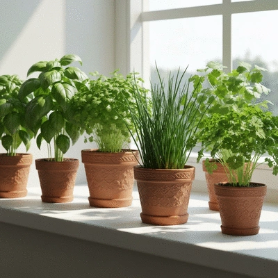 Variety of fresh herbs growing in small pots on a windowsill