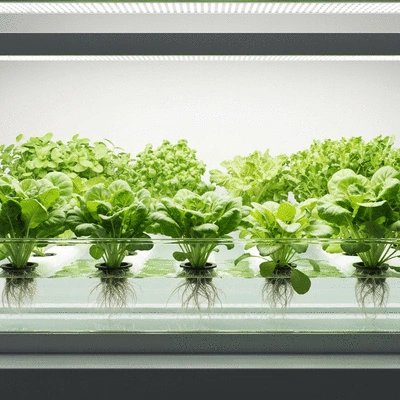 Hydroponic setup with various plants growing in water, clean and modern design