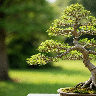 Artistic bonsai tree with delicate wiring visible, set against a blurred garden background, soft natural light