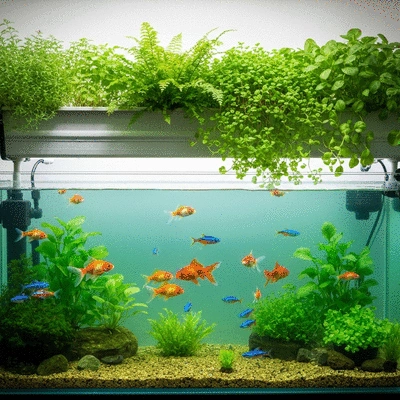 Close-up of a home aquaponics system with fish swimming and plants growing above the water in a clear tank