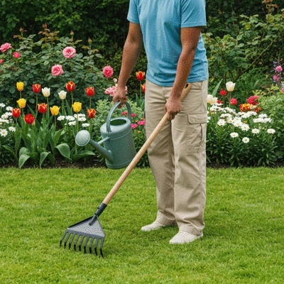 Person using eco-friendly lawn care tools in a vibrant garden, clean image, no text, no words, no typography