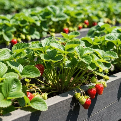 Raised strawberry bed with lush green plants