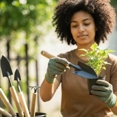 Person wearing gardening gloves, holding a trowel and small plant