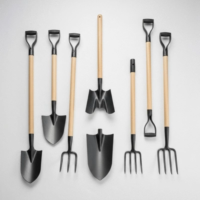 Various heavy-duty gardening tools laid out for comparison