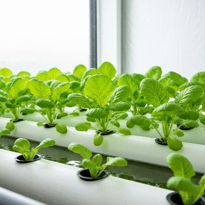 Hydroponic system with plants growing in nutrient-rich water