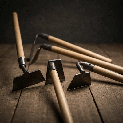 Various garden hoes with different blade shapes on a wooden background