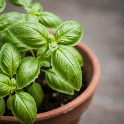 Close-up of fresh basil leaves on a plant, vibrant green, in a pot