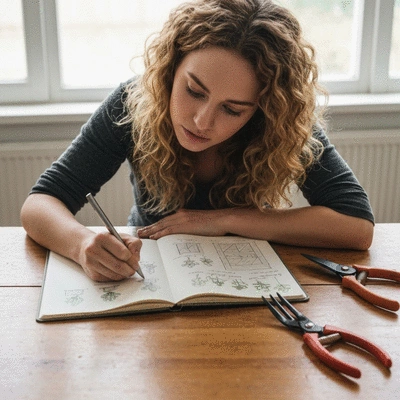 Person planning a garden bed layout with a notebook and small gardening tools