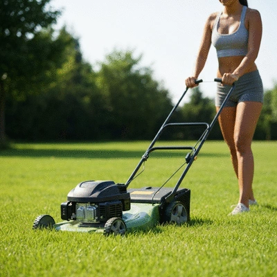 Person pushing a lawn mower across a lush green lawn on a sunny day