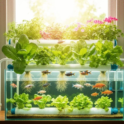 Aquaponics garden setup with fish and plants