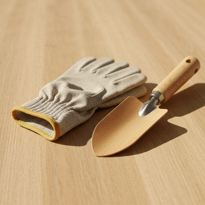 Close-up of eco-certified gardening tools, such as a trowel and gloves, on a wooden background, no text, no words, no typography, 8K