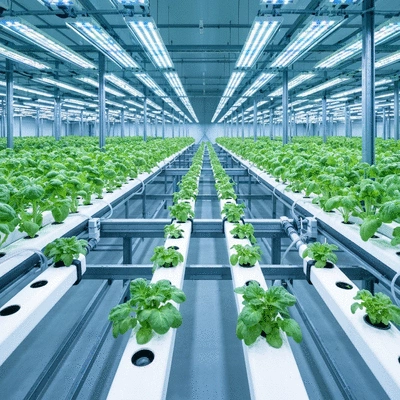 Automated hydroponic farm with rows of plants under LED lights