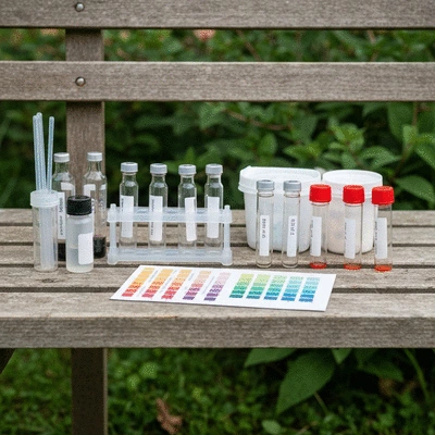 Close-up of a DIY soil testing kit with various vials and color charts on a garden bench