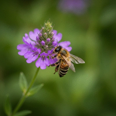 Close-up of a bee pollinating a vibrant purple flower in a garden
