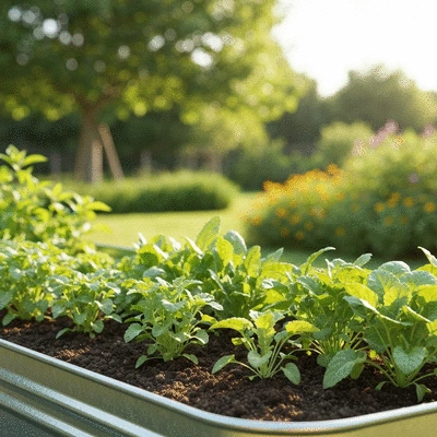 Galvanized garden bed filled with thriving plants and fresh soil