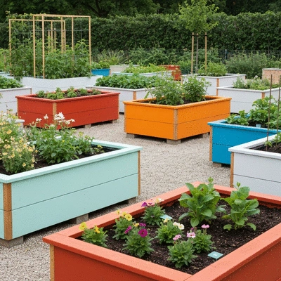 A variety of modern raised garden beds made from different materials (wood, metal, plastic) in a well-maintained garden setting
