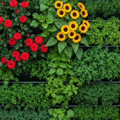Beautifully arranged vertical garden setup with colorful flowers and vegetables