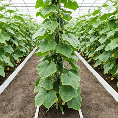 Cucumber plant growing on a vertical trellis with lush green leaves and small cucumbers, in a well-maintained garden, natural lighting, no text, no words, no typography, no labels, clean image, 8K