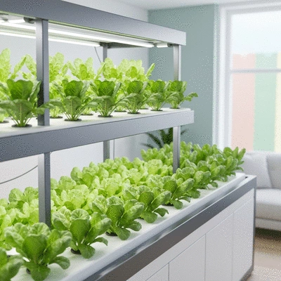 Hydroponic system with leafy greens growing in a controlled indoor environment