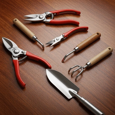Clean gardening tools laid out on a wooden surface, ready for use