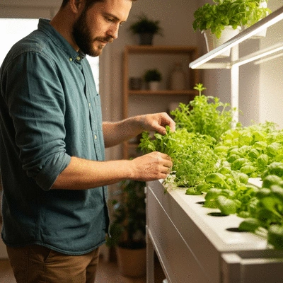 A person tending to a small, thriving indoor aquaponics system, harvesting fresh herbs