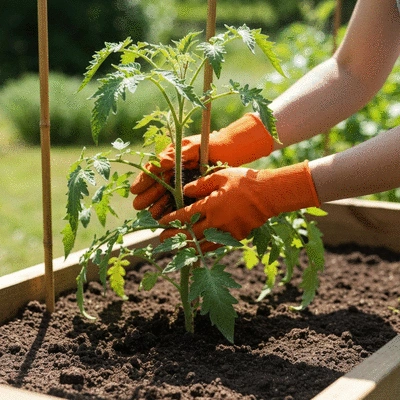 Gardener's hands tending to a healthy organic tomato plant in a raised garden bed
