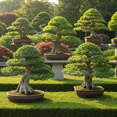 Bonsai and pre-bonsai trees in a garden setting