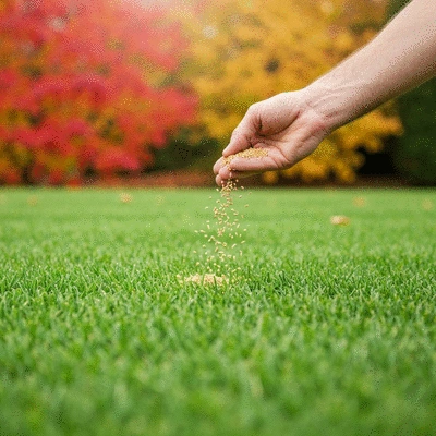 Close-up of a hand scattering grass seeds over a lush green lawn, representing fall overseeding, with a bokeh background of autumn leaves, no text, no words, no typography, 8K