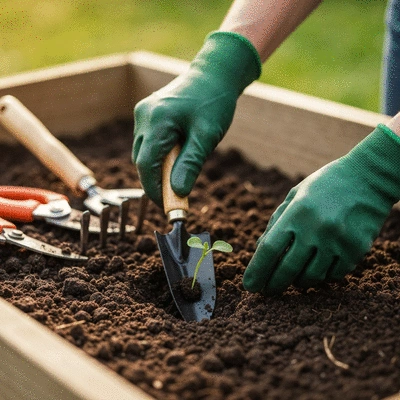 Close-up of hands wearing gardening gloves, holding a small trowel and planting a seedling in rich, dark soil in a raised garden bed, with other gardening tools blurred in the background, no text, no words, no typography, clean image