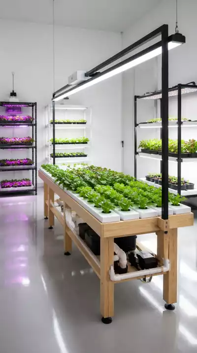 Hydroponic setup with various lighting options
