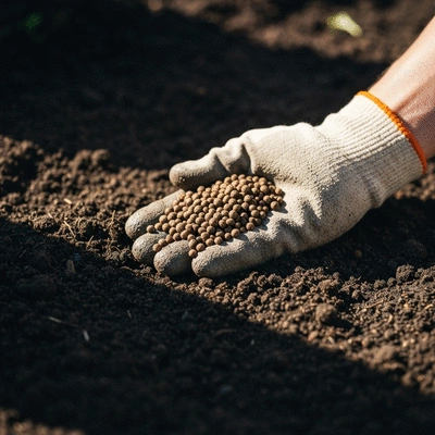 Close-up of healthy soil with organic fertilizer being mixed in