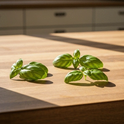 Fresh basil leaves on a wooden kitchen table