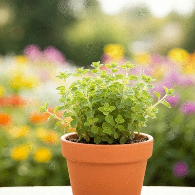 A small terracotta pot with a thriving oregano plant, set against a blurred background of a sunny garden, no text, no words, no typography, clean image