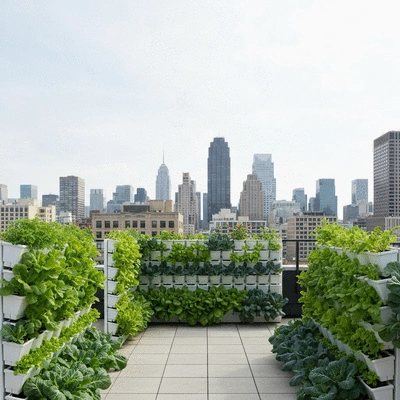 Urban rooftop garden with multiple vertical planters filled with various leafy greens and vegetables, city skyline in background, no text, no words, no typography, no labels, clean image
