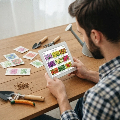 Person browsing an online seed catalog on a tablet, with various seeds and gardening tools around them, no text, no words, no typography, clean image