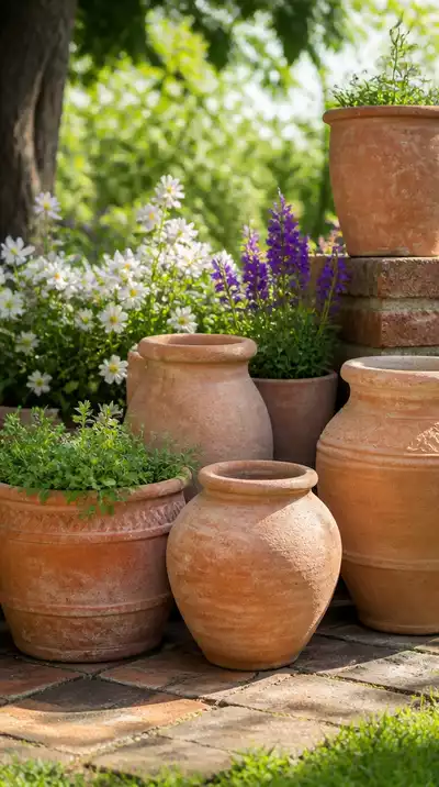 Terracotta pots in a beautiful garden setting