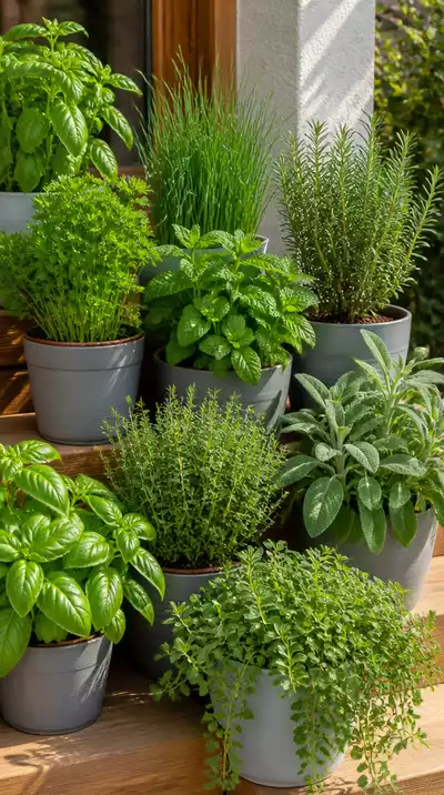 Beautifully arranged container herb garden
